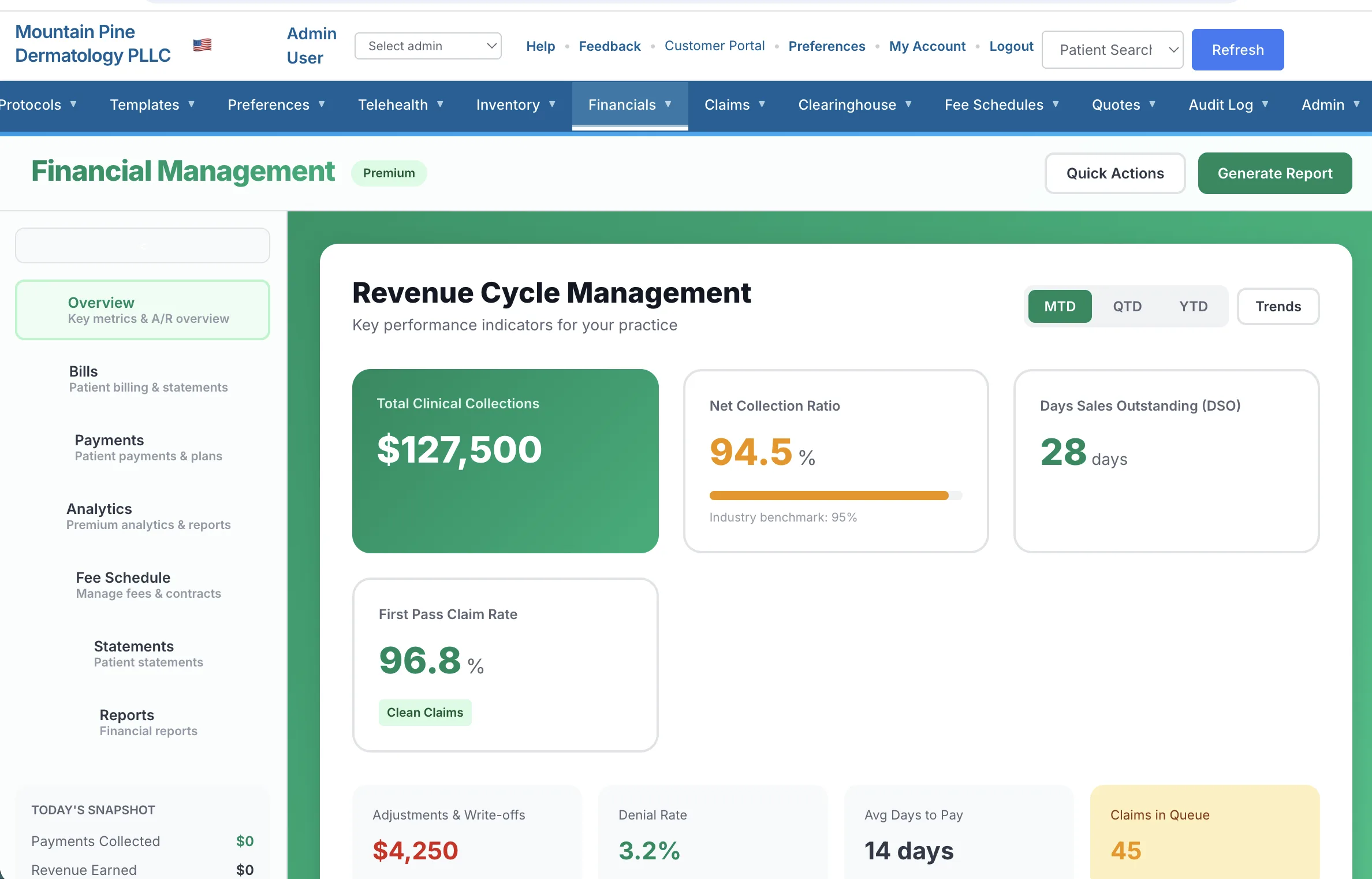 OAK EMR financial dashboard interface with illustrative data