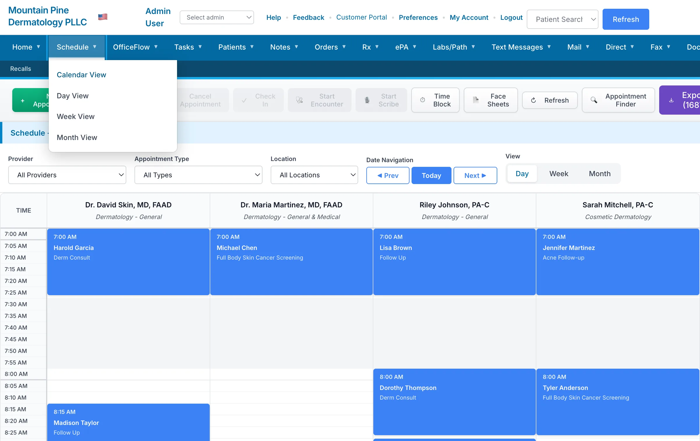 OAK EMR scheduling calendar interface
